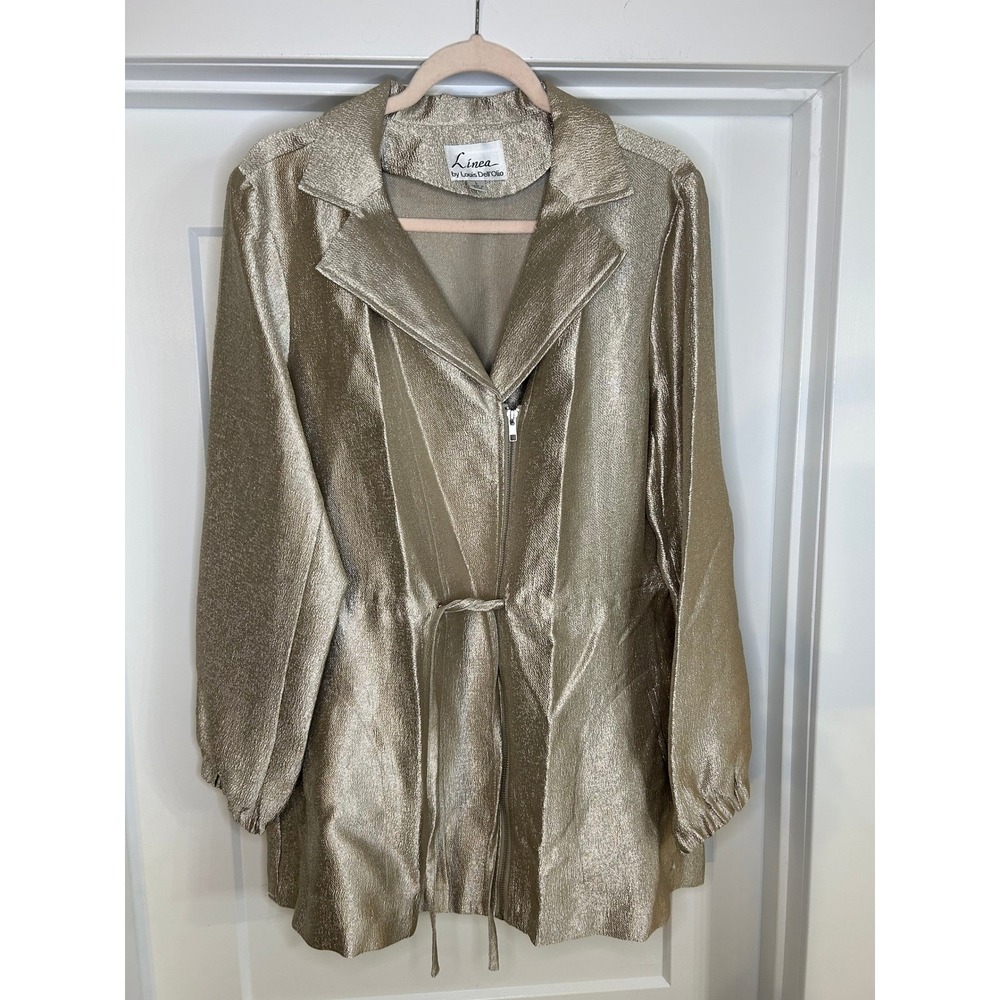 Linea by Louis Dell'Olio Champagne Gold Metallic‎ Zip Tie Waist Jacket Large Vtg